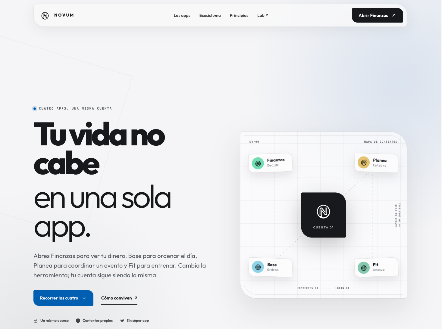 Página principal de Novum mostrando cuatro aplicaciones conectadas a una misma cuenta